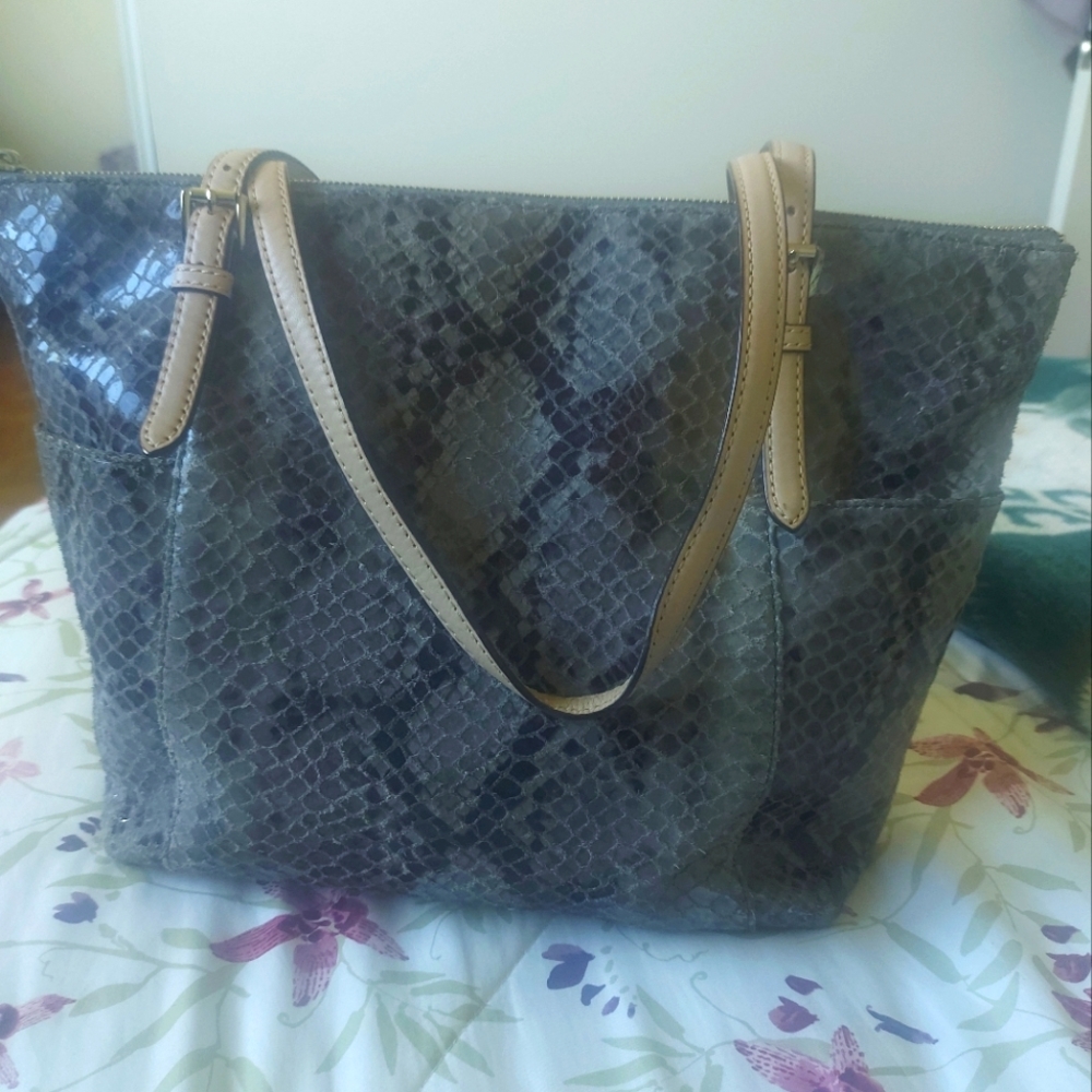 MICHAEL KORS Grey Python Snake Embossed Leather Tote Bag Shoulder Purse Pocket